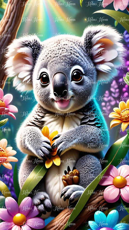 Cute baby koala in colourful flower forest