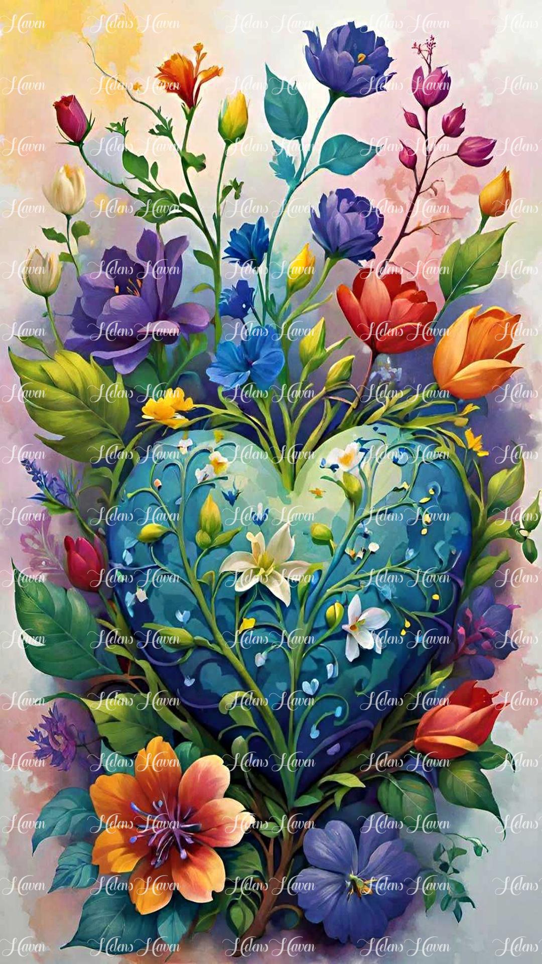 Surrounded and engulfed by a symphony of pretty flowers and lush leaves, an artist's blue heart radiates with creative energy