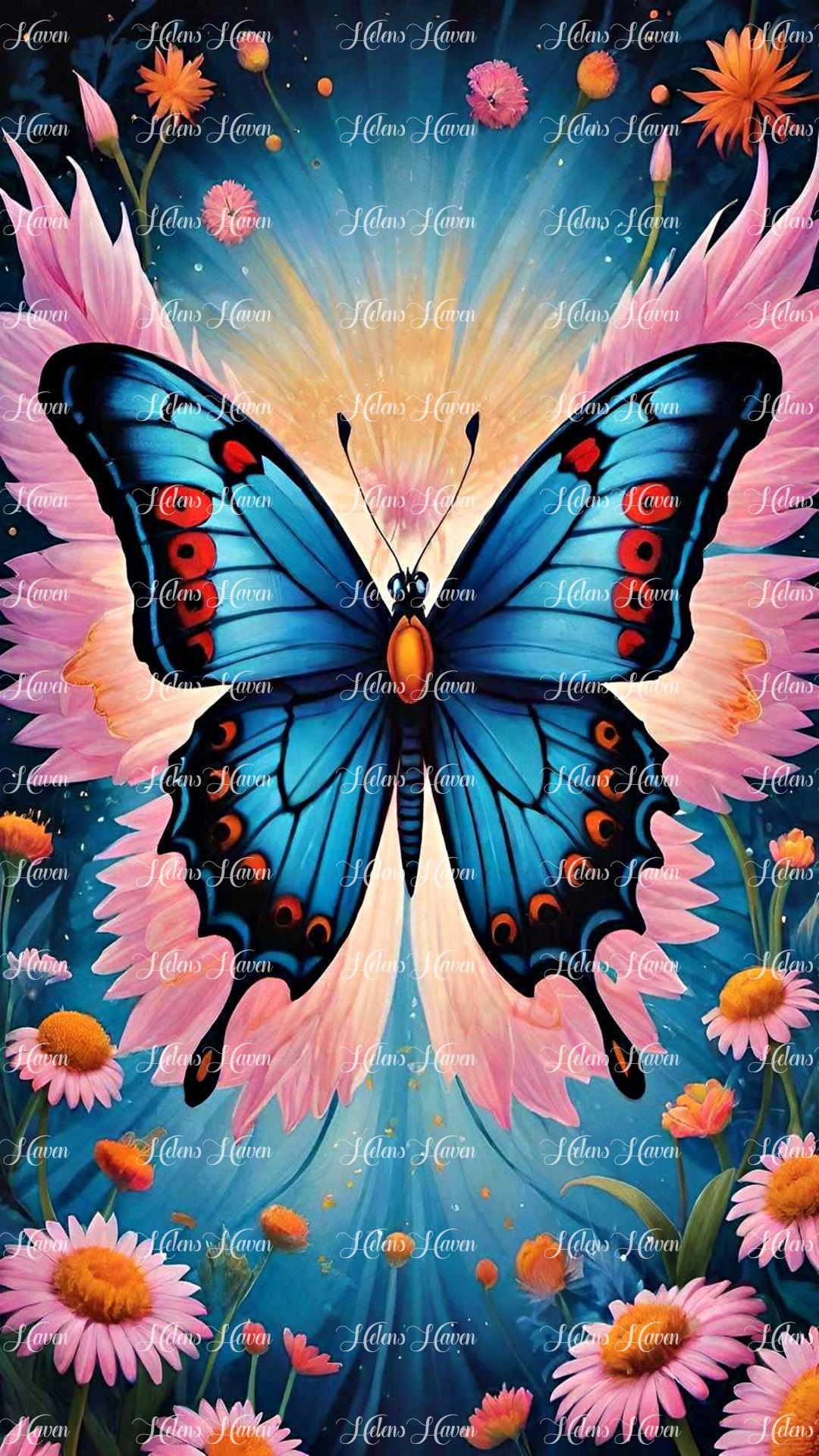 Surrounded by a soft pink and gold glow, a stunning blue and orange butterfly gracefully flutters 