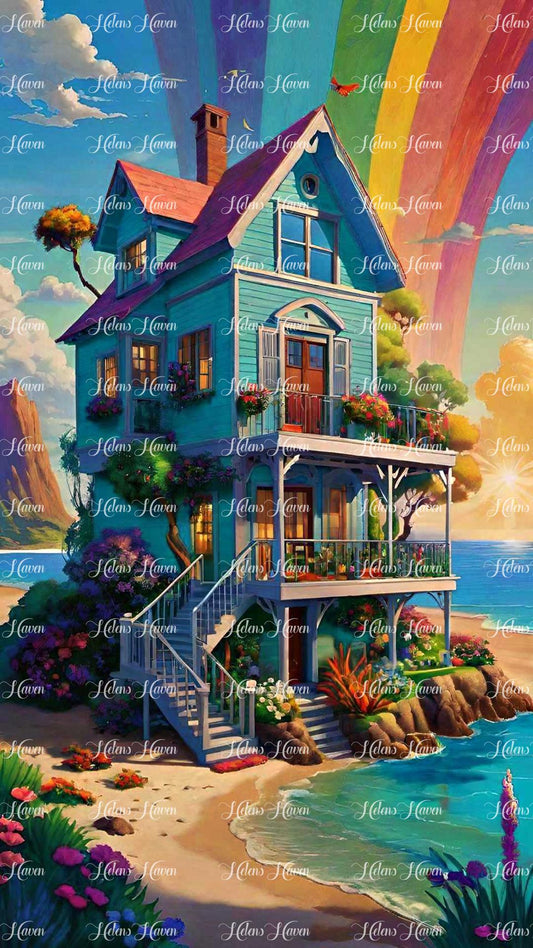 Standing tall beside the ocean, a beach house painted in soothing shades of blue rises against a sky adorned with a vibrant rainbow