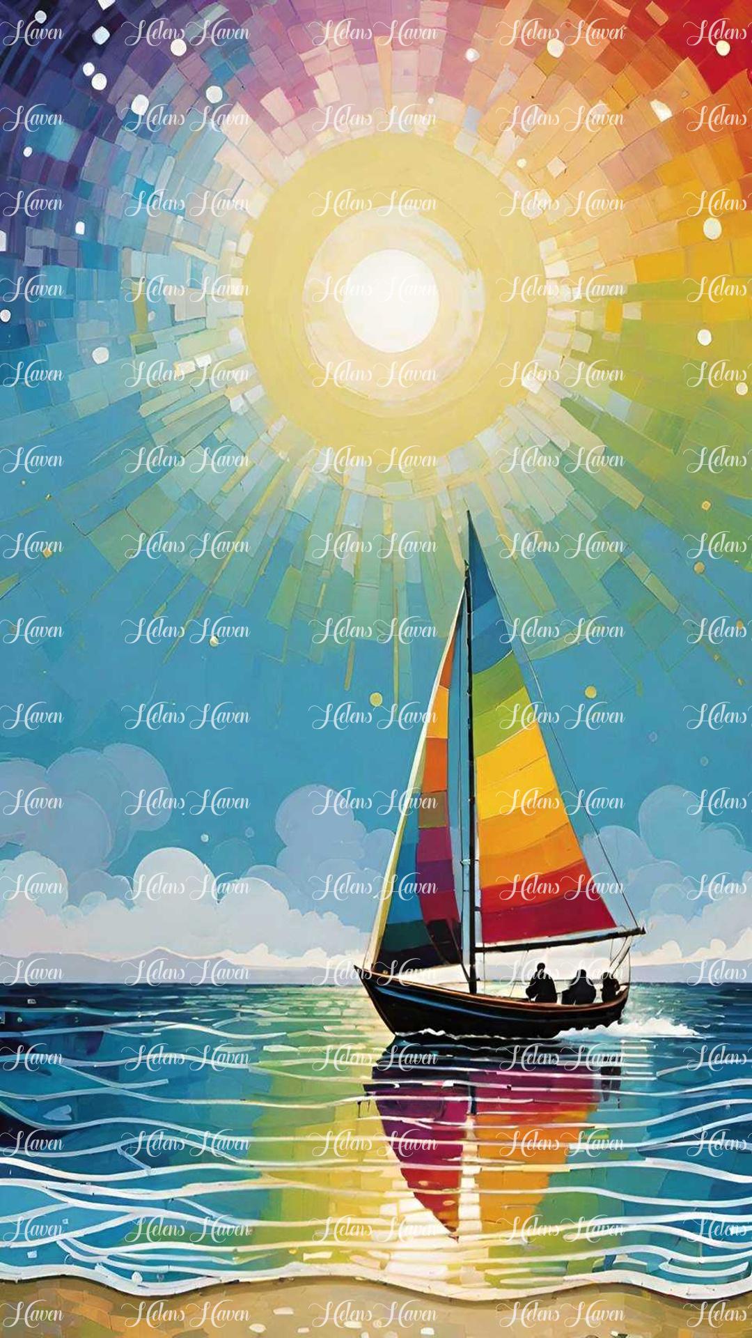 A boat with rainbow-colored sails glides gracefully across the ocean, its vibrant hues reflecting in the shimmering waters below.