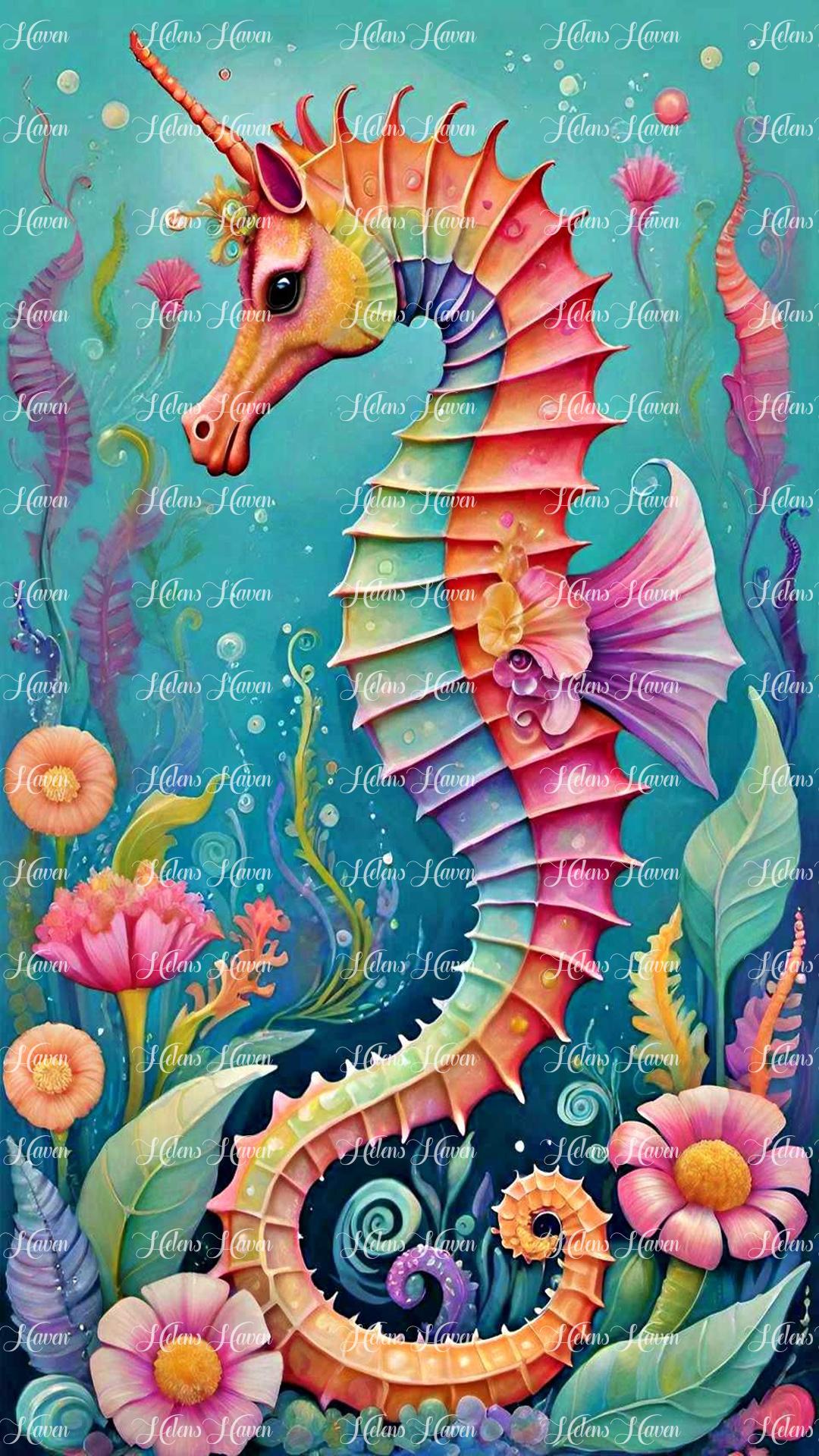 An elegant seahorse glides gracefully above a vibrant sea floor garden adorned with colorful flowers.