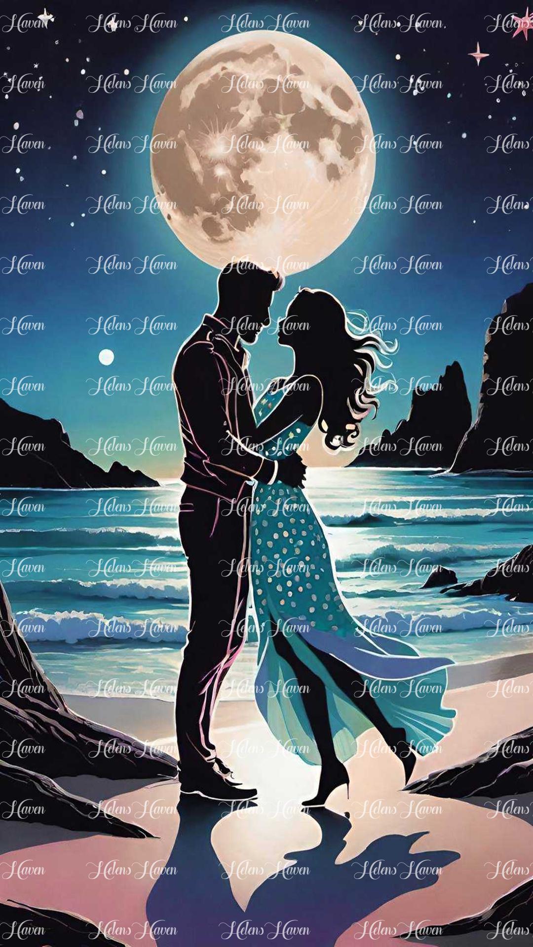 Under the soft moonlight on a serene beach, a man and woman embrace tenderly