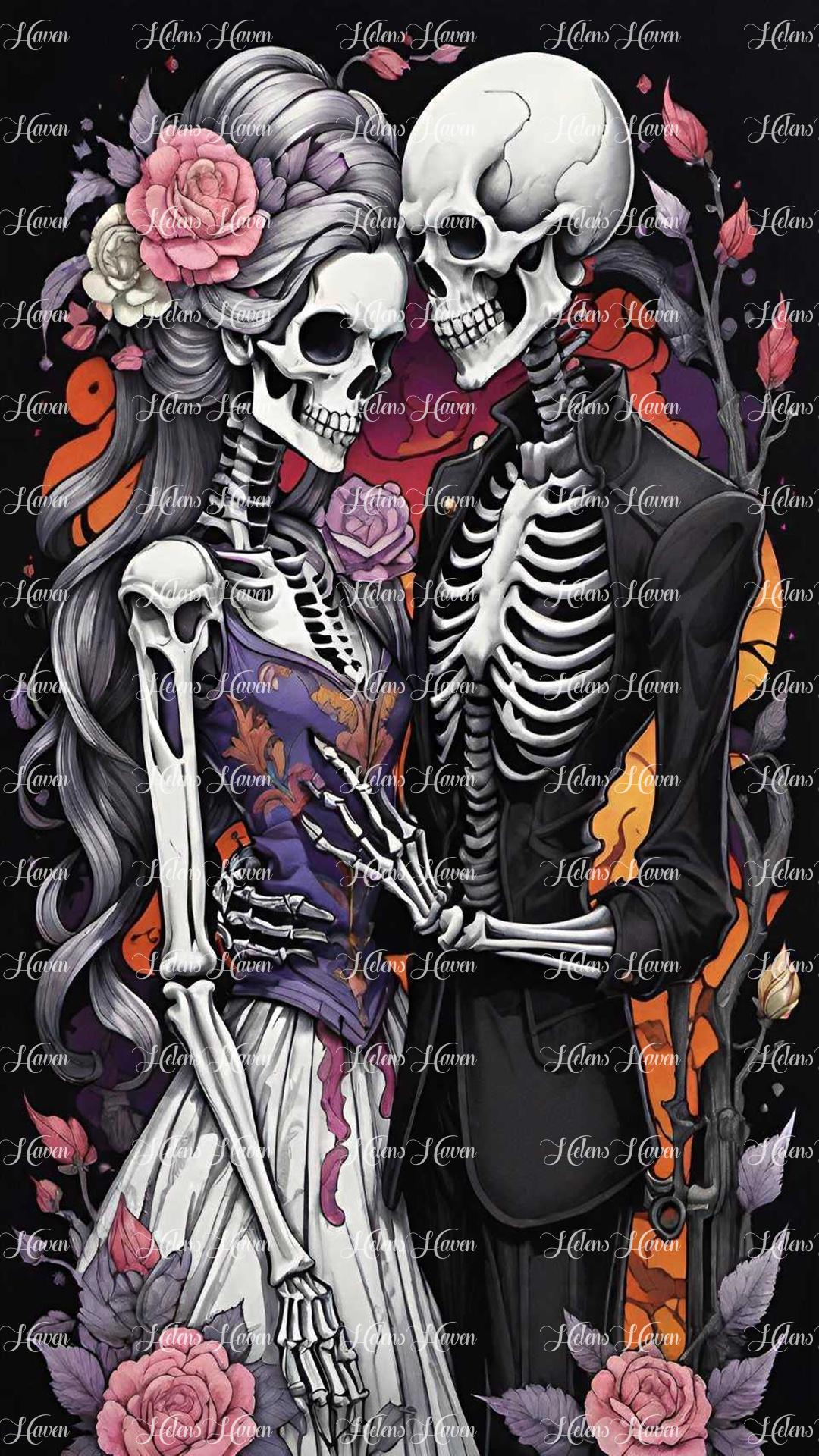 In a formal embrace, a male and female skeleton stand adorned in elegant attire, their bony hands clasped gently together.