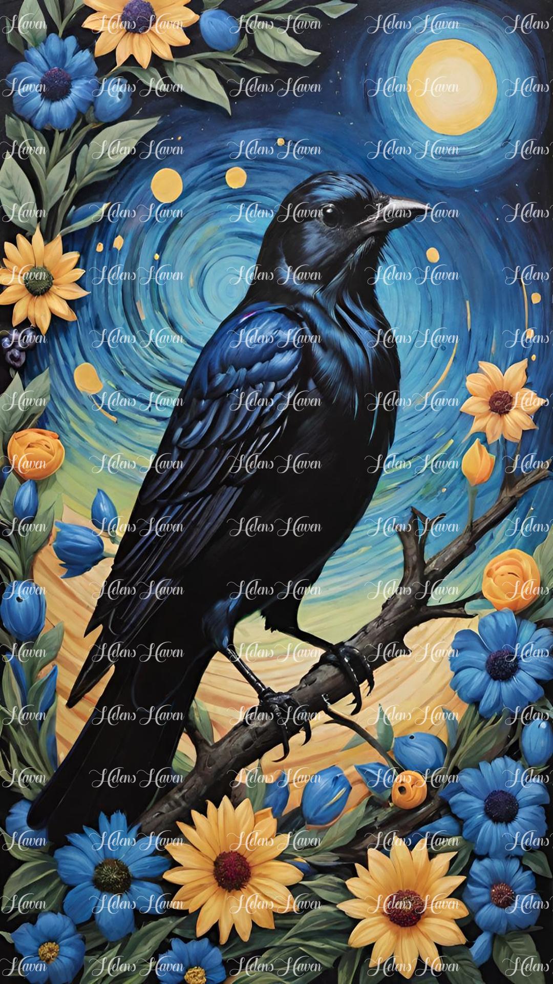 Perched on a branch under the enchanting glow of a full moon, a stunning black raven surveys its surroundings