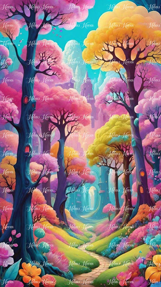 A forest path winds gracefully through a grove of tall, colorful trees