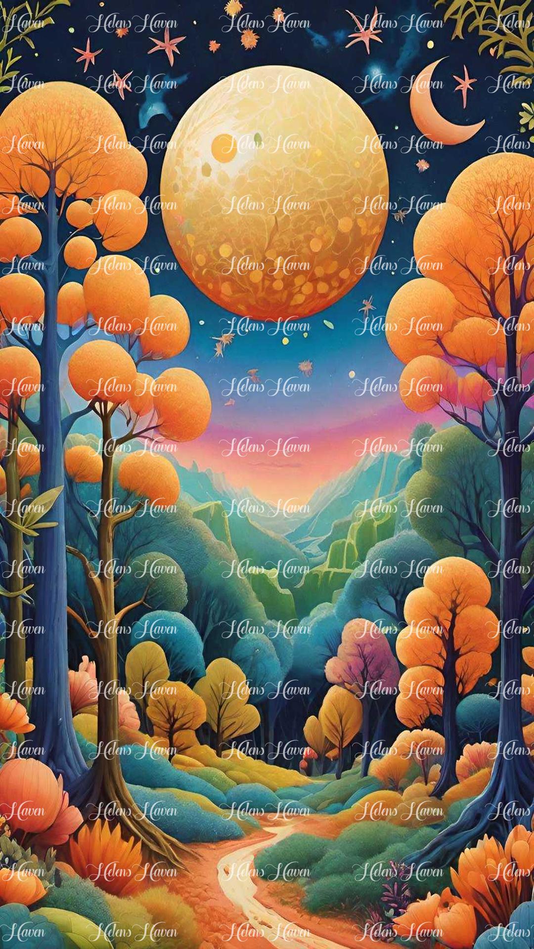 Beneath an orange moon, a forest trail winds through a landscape framed by towering mountains