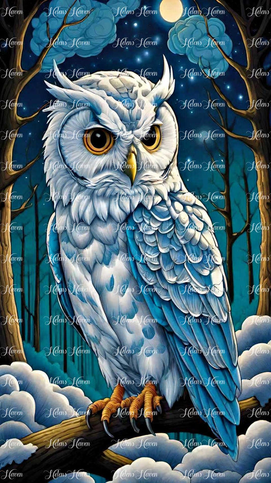 Perched gracefully on a branch against a starry blue night sky, a majestic snowy owl gazes