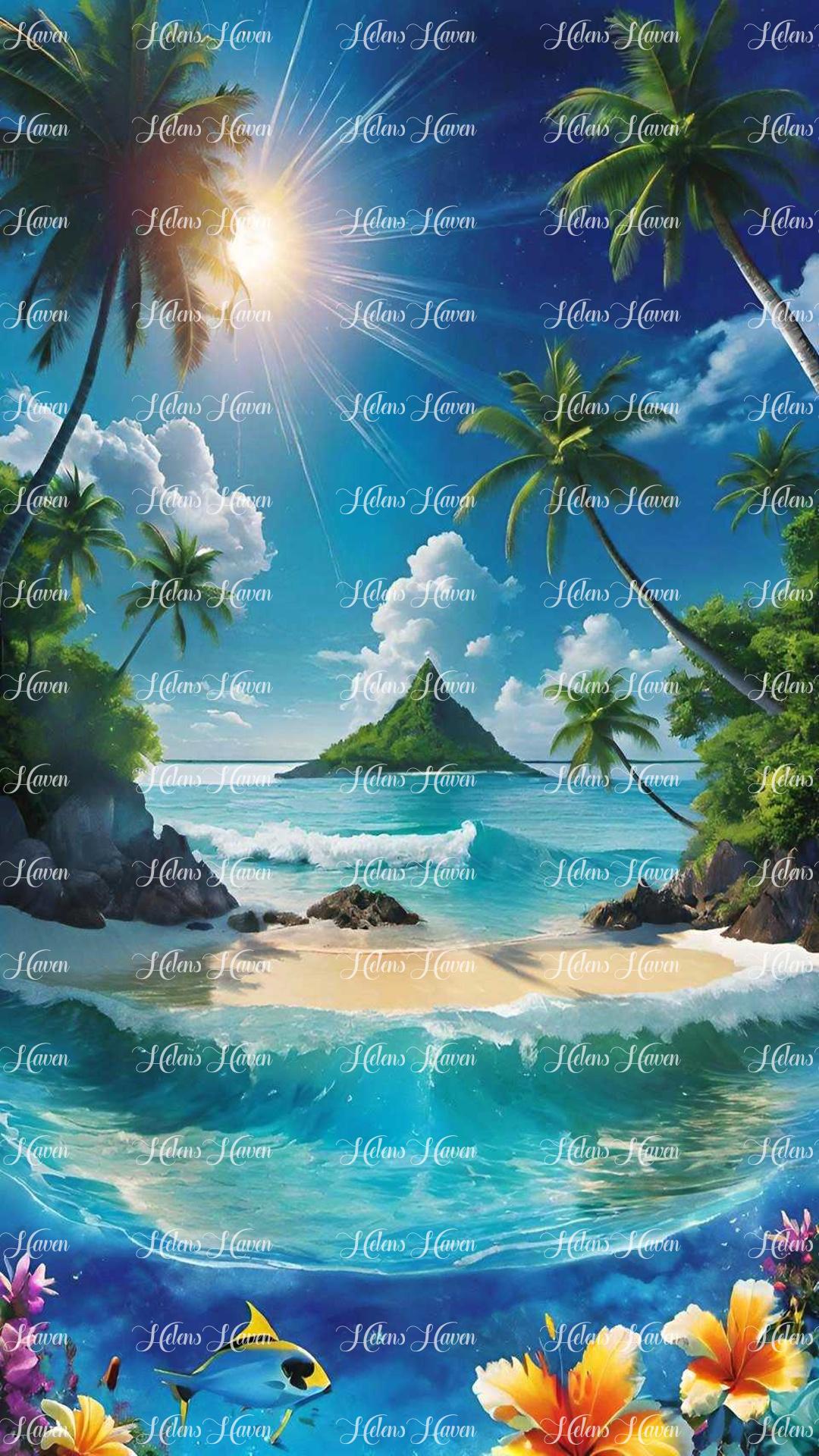 A tropical scene where sunlight bathes a serene beach and the shimmering ocean with its rays.