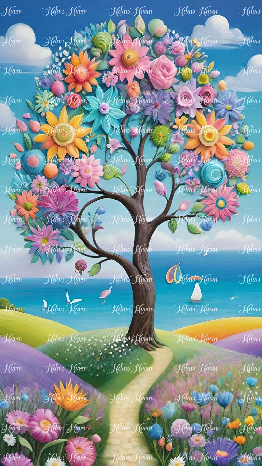 A fantastical flower tree stands tall against the backdrop of a vast ocean.