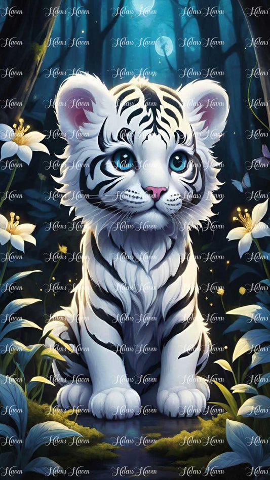 A cute baby white tiger cub with mesmerizing blue eyes sits contentedly in a cozy hollow