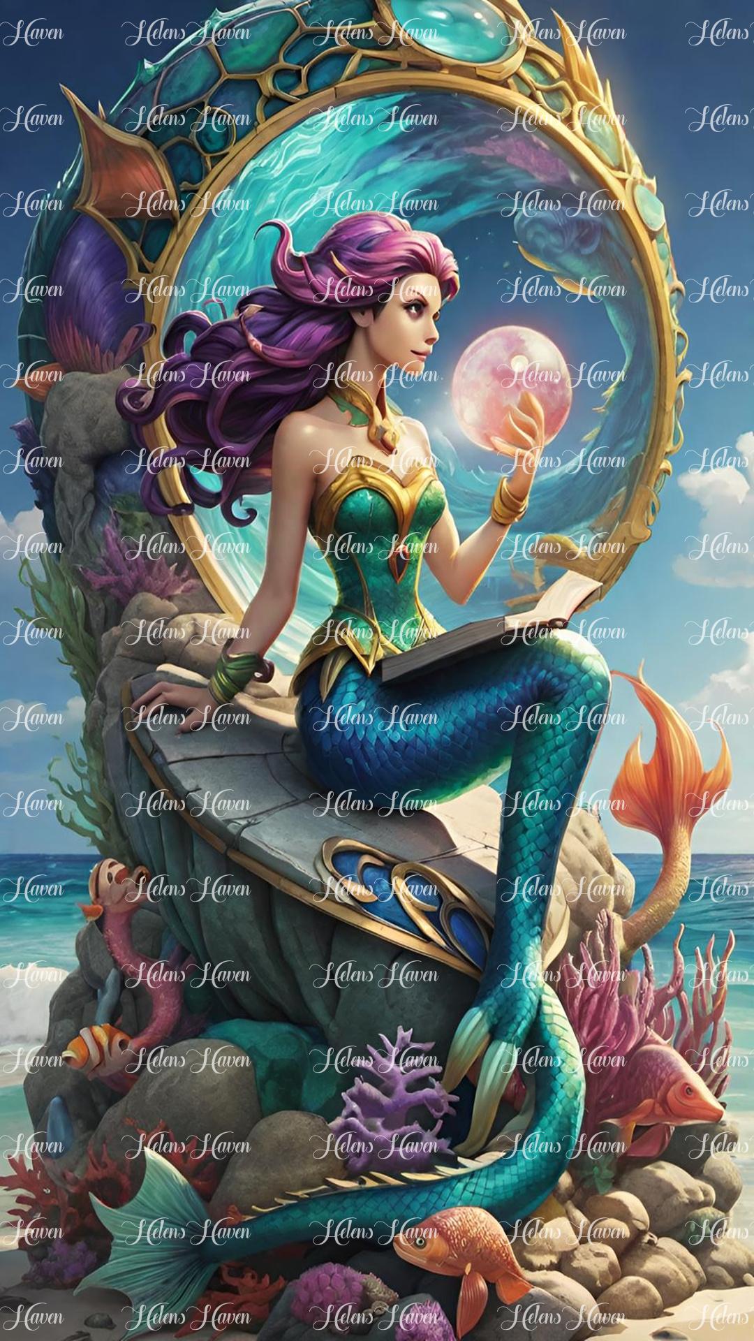 Seated gracefully on her oceanic throne, a mermaid reigns over a secluded beach