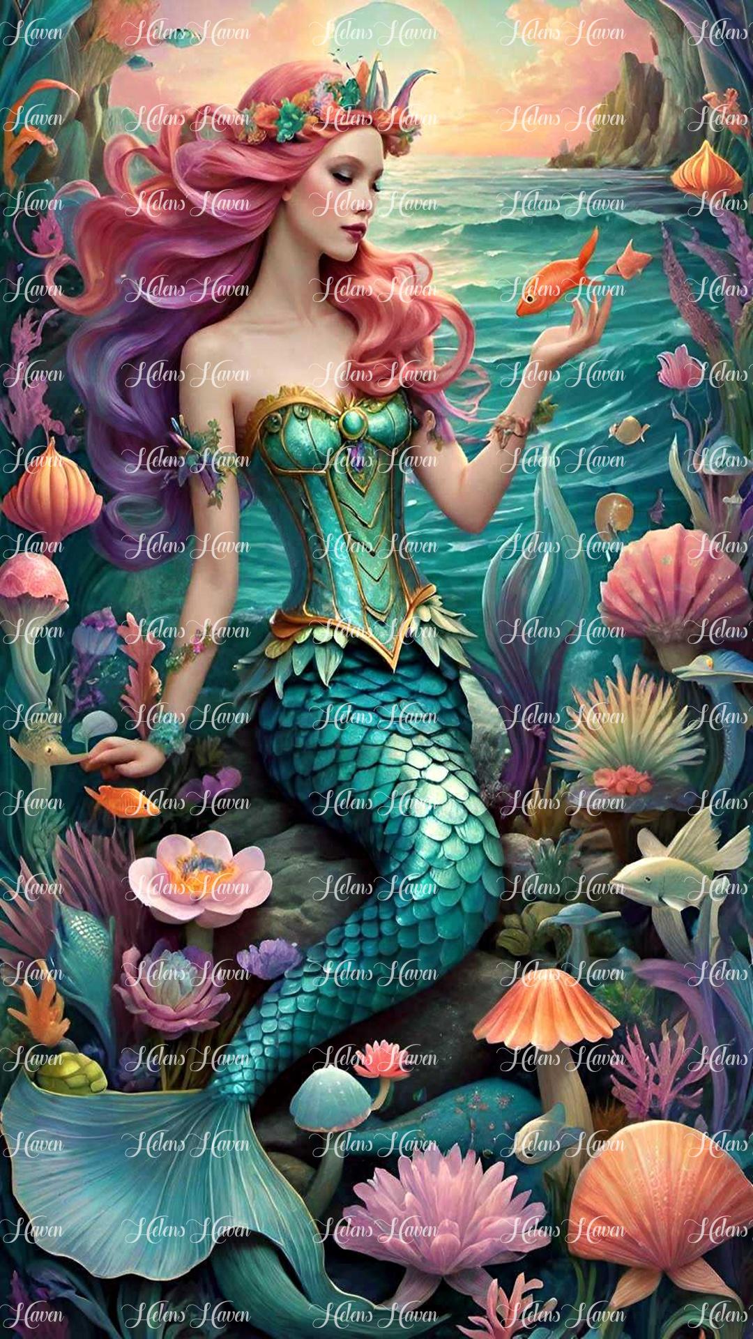 Sitting amidst a collection of starfish, shells, and blooming flowers, a mermaid displays her affection for the marine creatures she adores. 