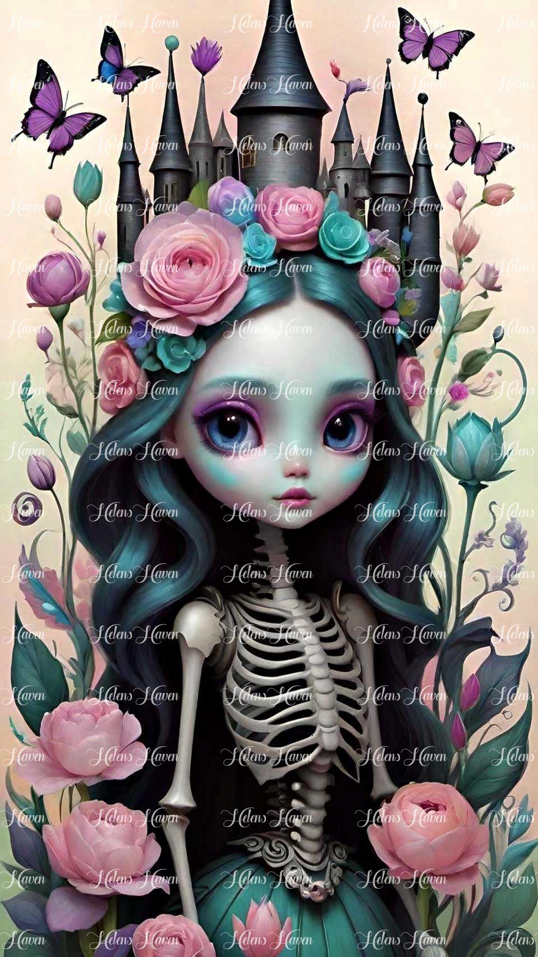 In front of her majestic castle, a teal and pink skeleton girl stands elegantly,