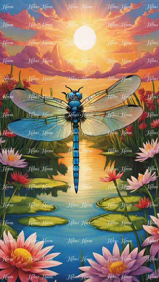 At the edge of a glowing sunset, a dragonfly hovers gracefully over a tranquil pond