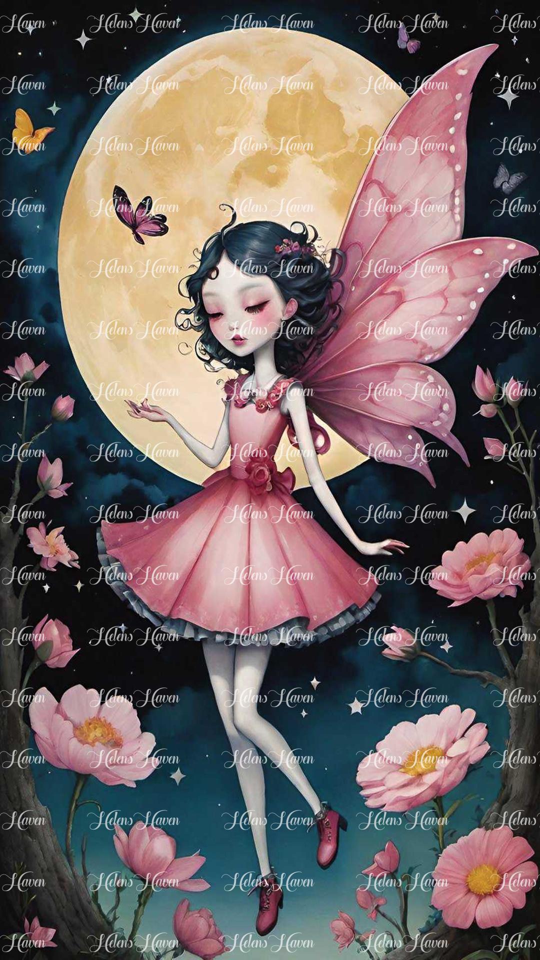 In the enchanting glow of a full moon, a pink-winged fairy radiates ethereal beauty.