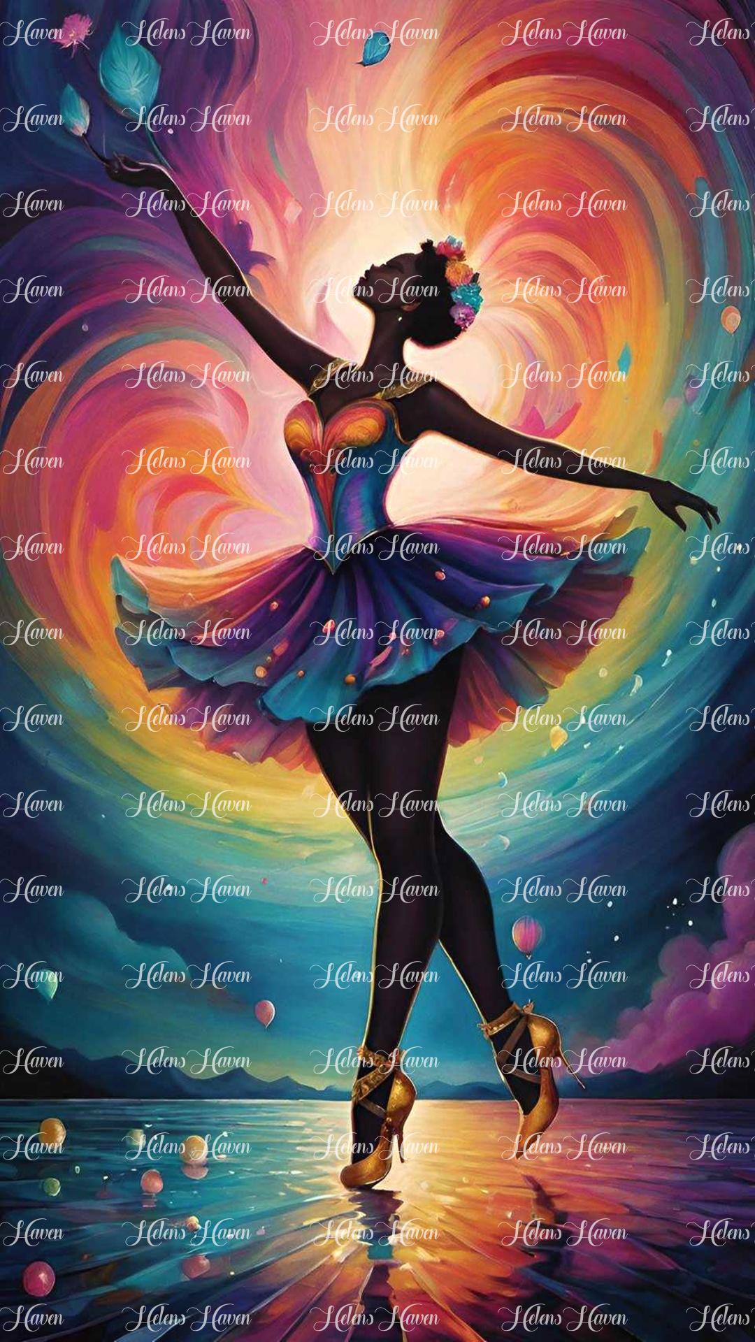 In front of a radiant rainbow glow, a graceful ballerina dances with elegance and poise