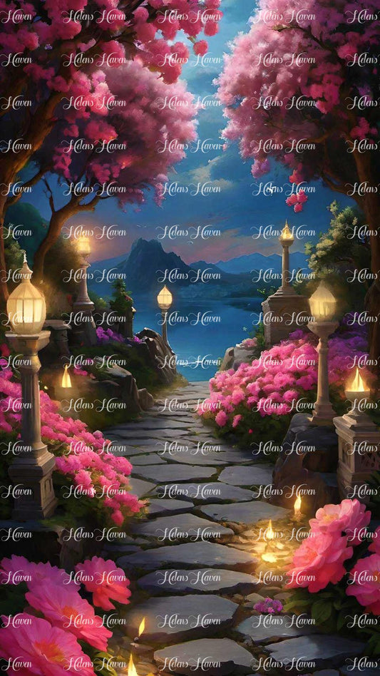 A stony pathway winds its way through a landscape adorned with lanterns of flickering candles, casting a soft glow along the way. 