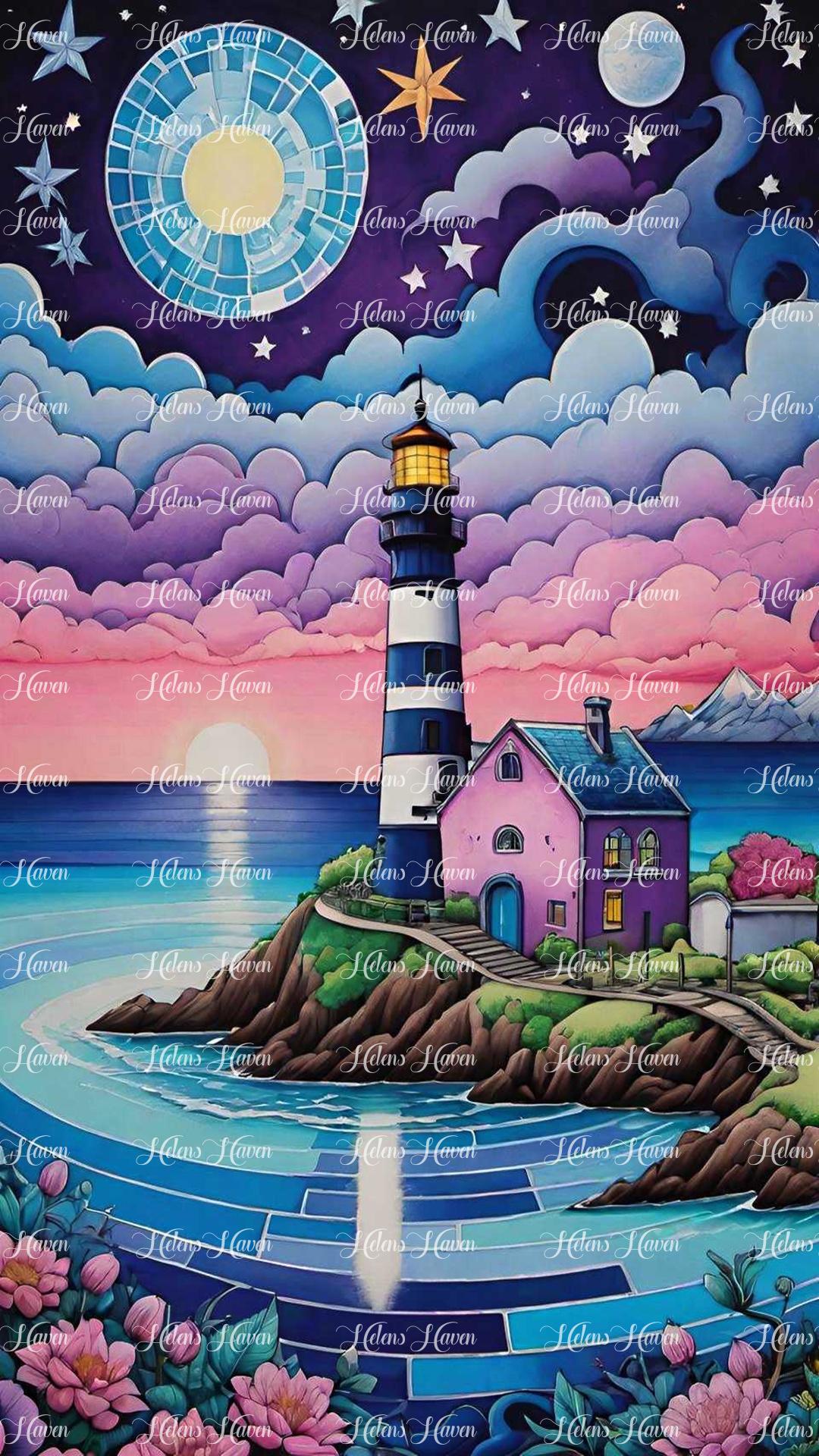 A lighthouse and a pink cottage stand proudly against a backdrop of a sky painted in shades of pink and purple clouds