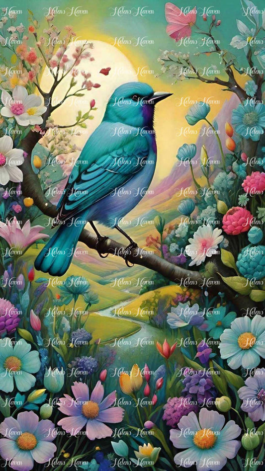 At dawn, a stunning bluebird perches gracefully on a branch, overlooking a garden of pretty flowers awakening to the new day.