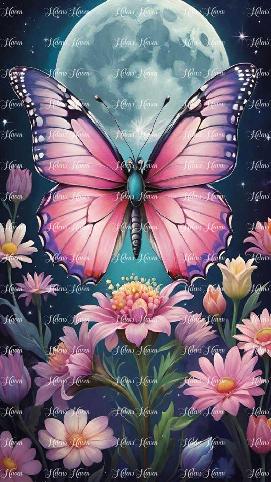 A stunning pink butterfly flutters gracefully over a garden adorned with pink flowers, all set against the backdrop of a full moon