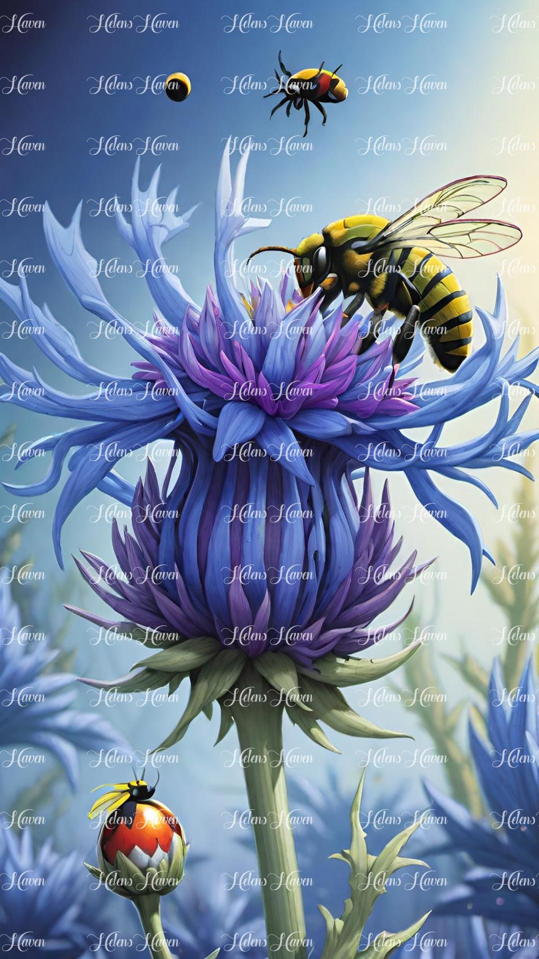 A bee delicately alights on a blue thistle, drawn to its vibrant petals and sweet nectar