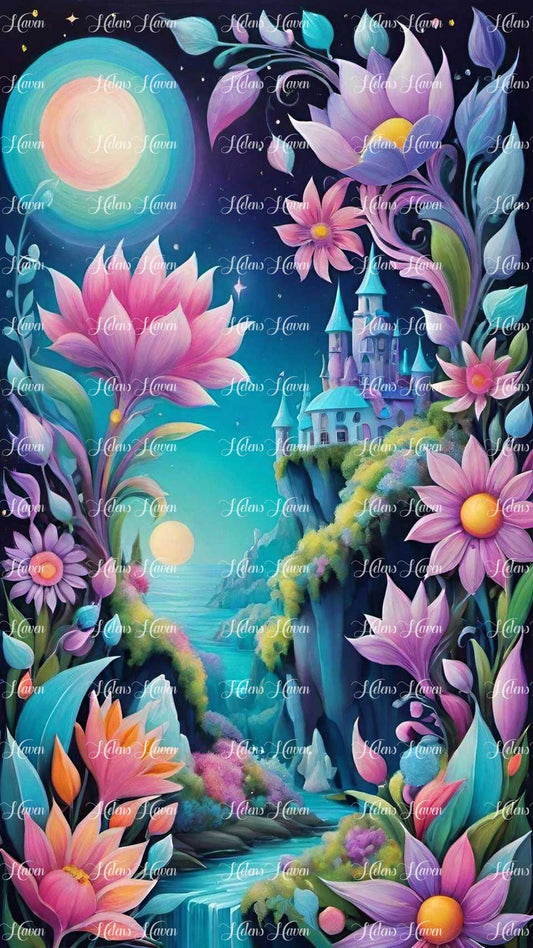 A majestic castle perched near a cascading waterfall, surrounded by whimsical flowers bathed in the soft light of the moon