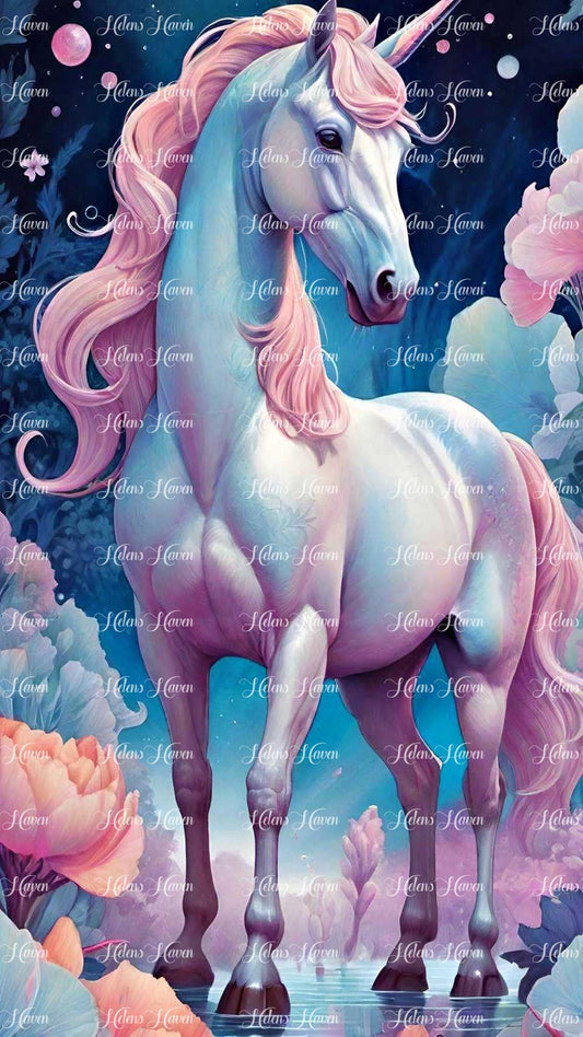 An enchanting white unicorn stands gracefully, its long, flowing mane a cascade of soft pink hues. 