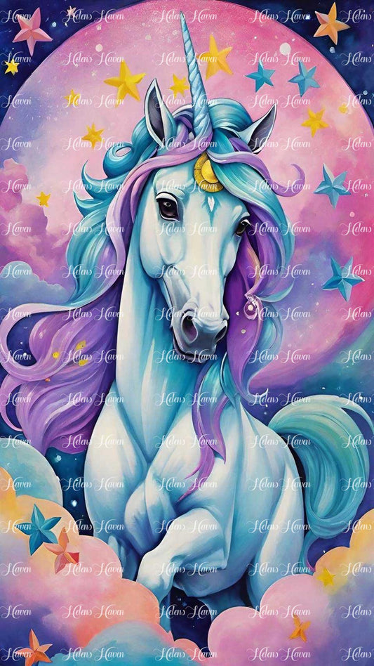 A stunning unicorn stands majestically against the backdrop of a full moon, bathed in shades of pink and blue.