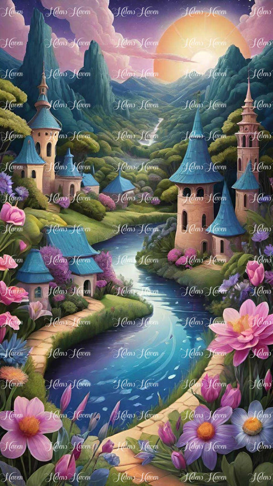 A fantastical village of towers lines the banks of a meandering river, creating a scene of enchanting wonder.