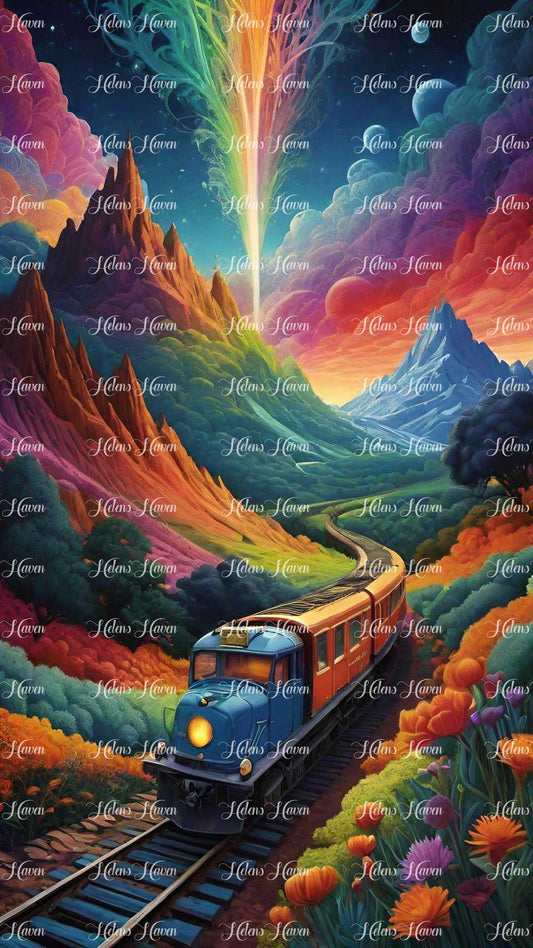 A train winds its way through majestic mountains, illuminated by the vibrant colors of a rainbow sunset.