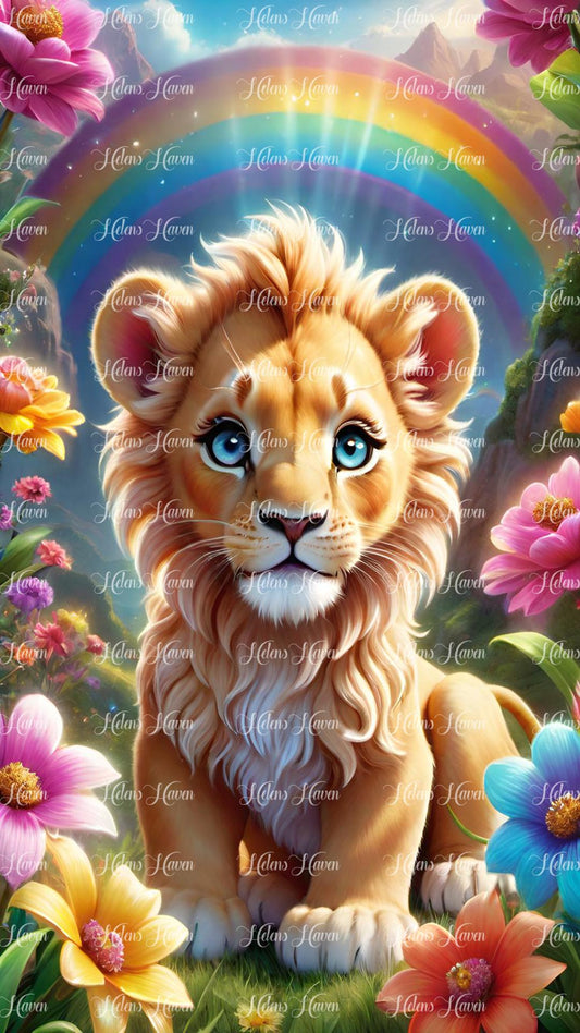 Cute baby lion in flowers with rainbow