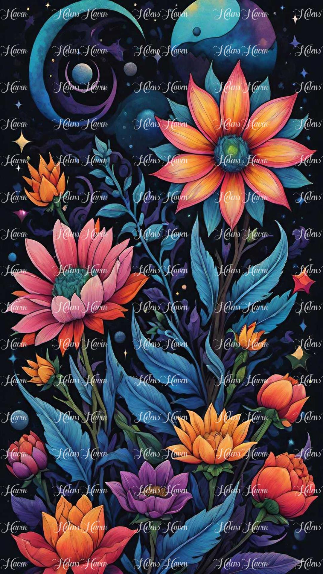 Vibrant flowers bloom under a starry night sky awash in deep blue hues, creating a magical and serene atmosphere. 