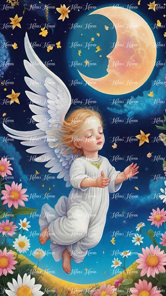 A baby angel with delicate wings floats gracefully against the backdrop of a luminous moon. 