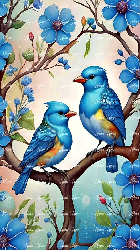 Two stunning blue birds perch elegantly in a leafy tree, their vibrant plumage contrasting beautifully with the verdant leaves.