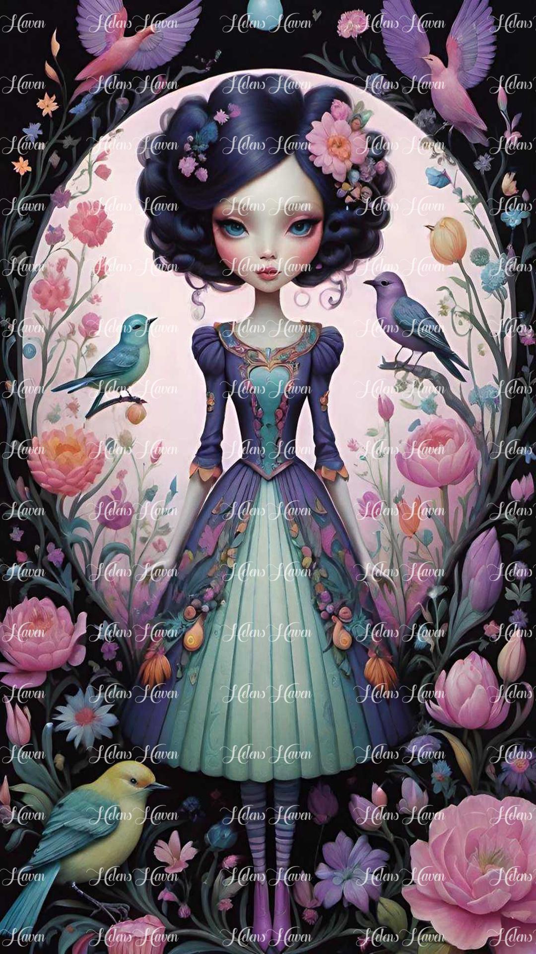 In an enchanting garden scene, a girl who loves birds is adorned in shades of purple and pink, blending harmoniously with the vibrant flora around her.