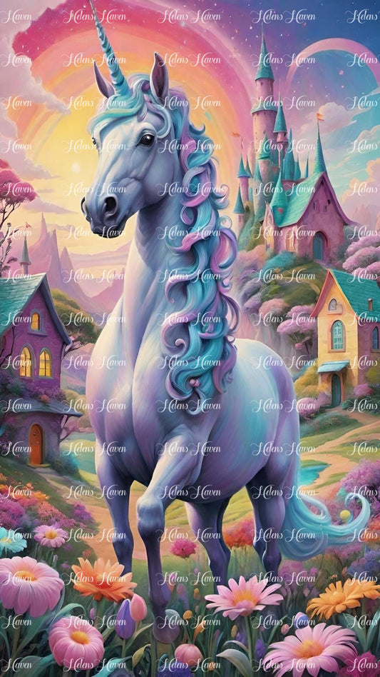 In a wonderland, a regal unicorn stands guard before a majestic castle, its coat shimmering with ethereal hues under the enchanting light. 