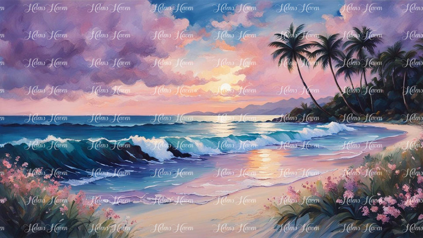 Landscape widescreen tropical beach scene in a purple sunset