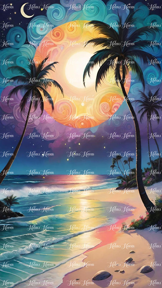 In the tranquil serenity of a sunset-touched tropical beach scene, golden hues paint the sky in a breathtaking display.