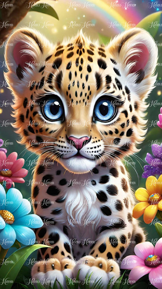 Cute baby leopard in flowers and rainbow