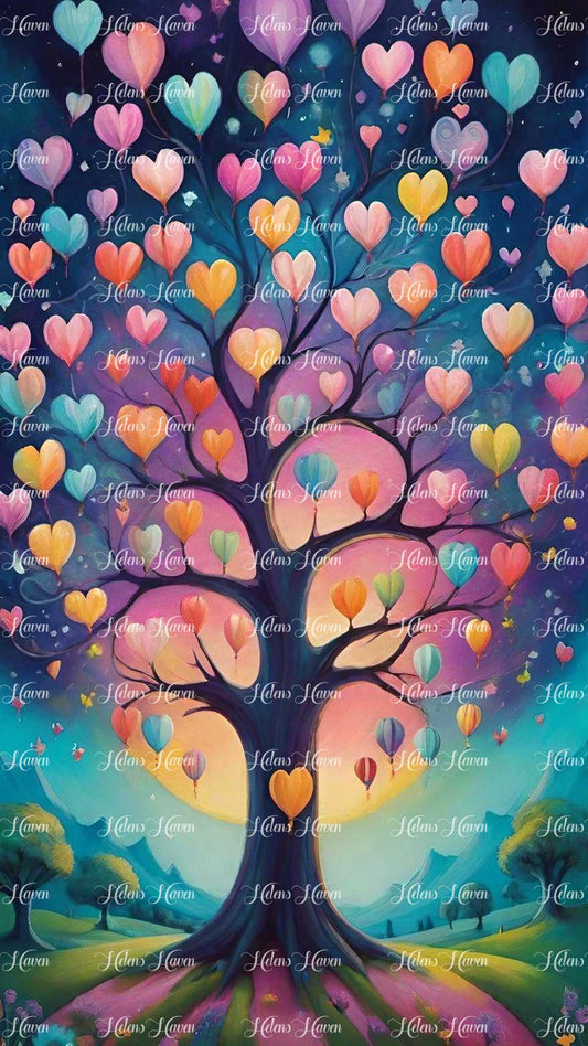 In a whimsical realm where dreams take shape, a tree of hearts stands tall, its branches adorned with myriad hearts in shades of pink, red, and gold. 