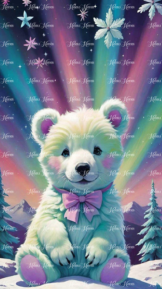 A white teddy bear sits peacefully on a blanket of soft snow, its fluffy fur a stark contrast against the pristine white landscape. Above, the sky dances with the vibrant hues of the Aurora Borealis