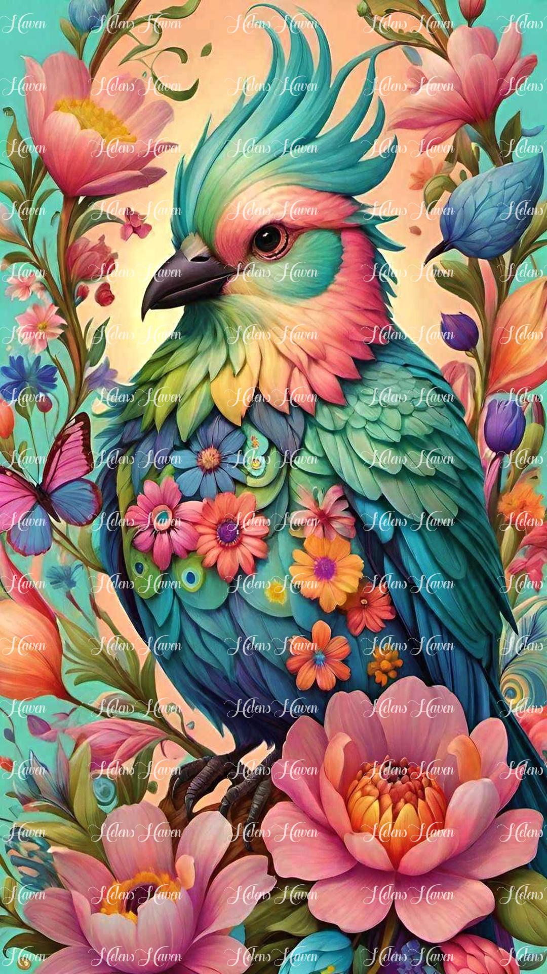 In a whimsical depiction, a colorful bird perches gracefully amidst the branches of a floral tree,