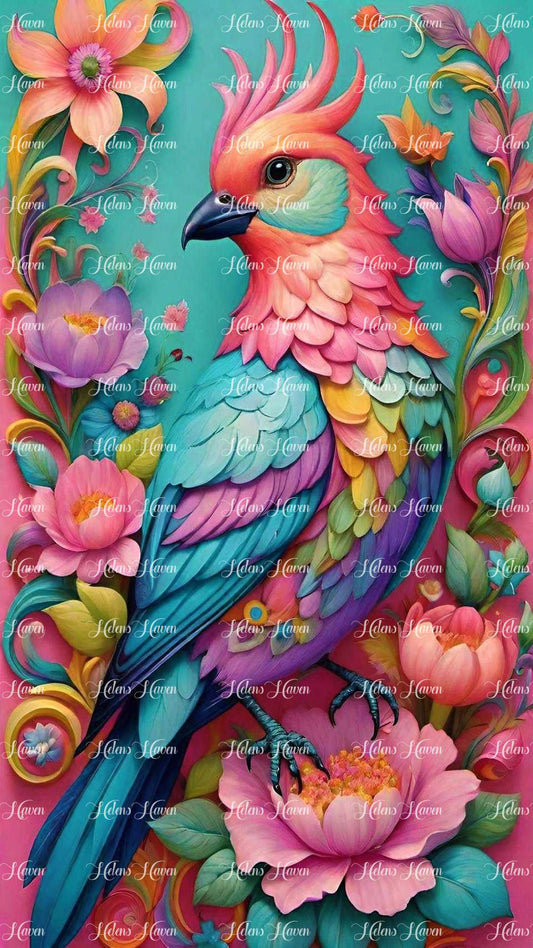 Perched majestically amidst the branches of a floral tree, a multi-colored bird of art brings a burst of vibrant hues to its surroundings