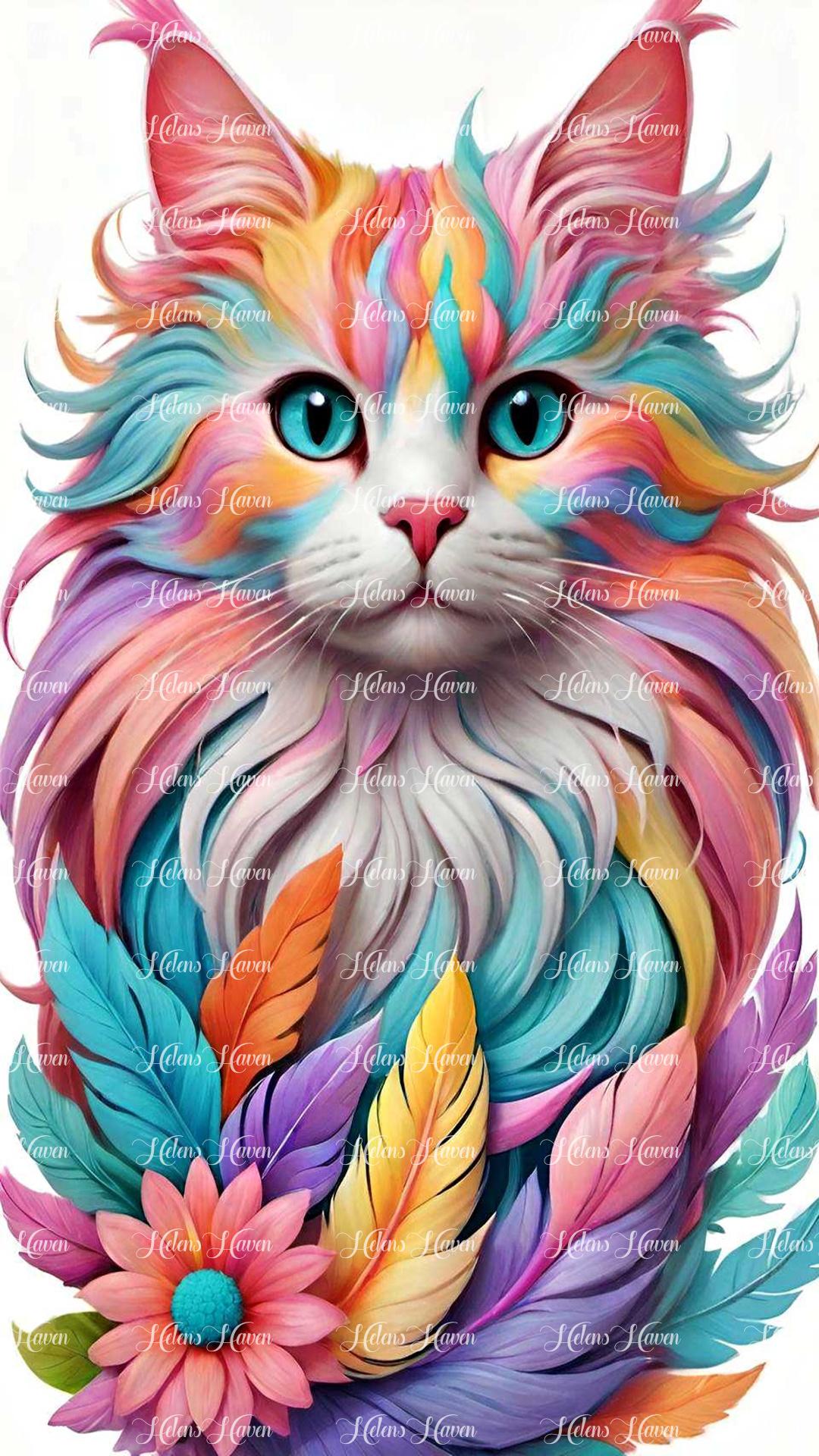 In a whimsical and artistic portrayal, imagine a colorful cat that defies ordinary expectations.