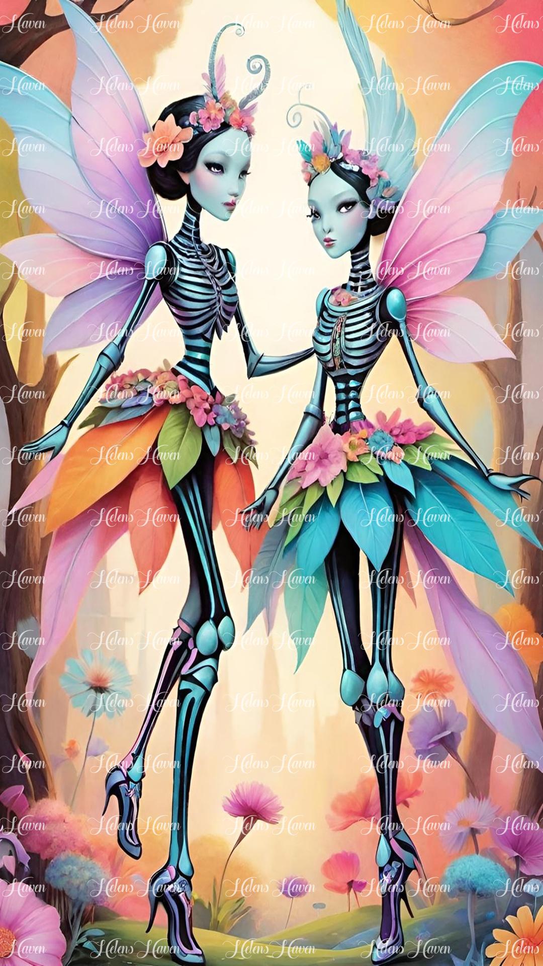 In the ethereal depths of a forest, two fairy skeleton females drift gracefully among the ancient trees.