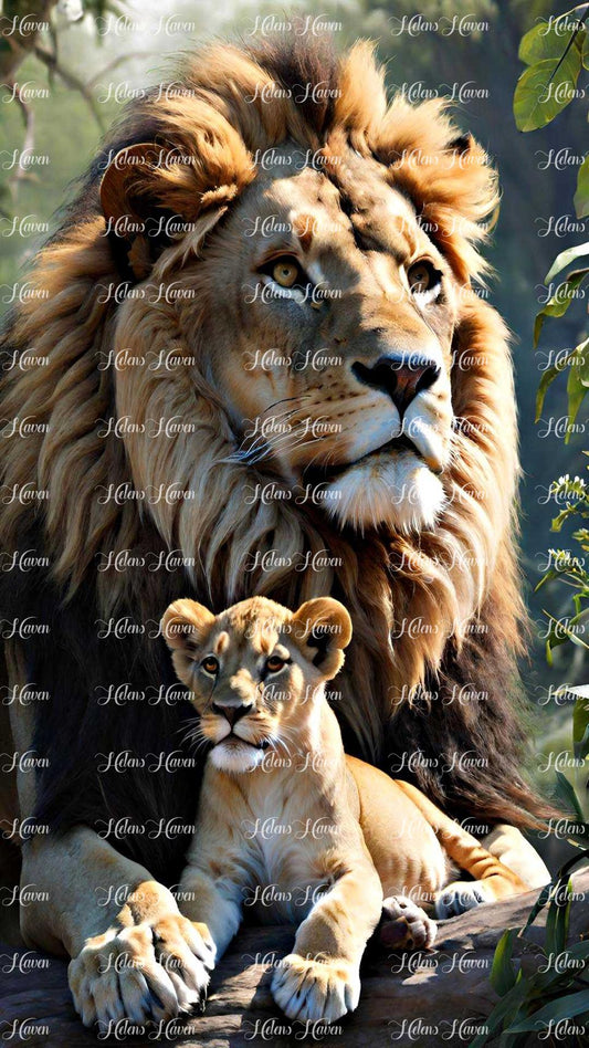 In the heart of a dense forest, a majestic father lion sits proudly beside his playful cub.