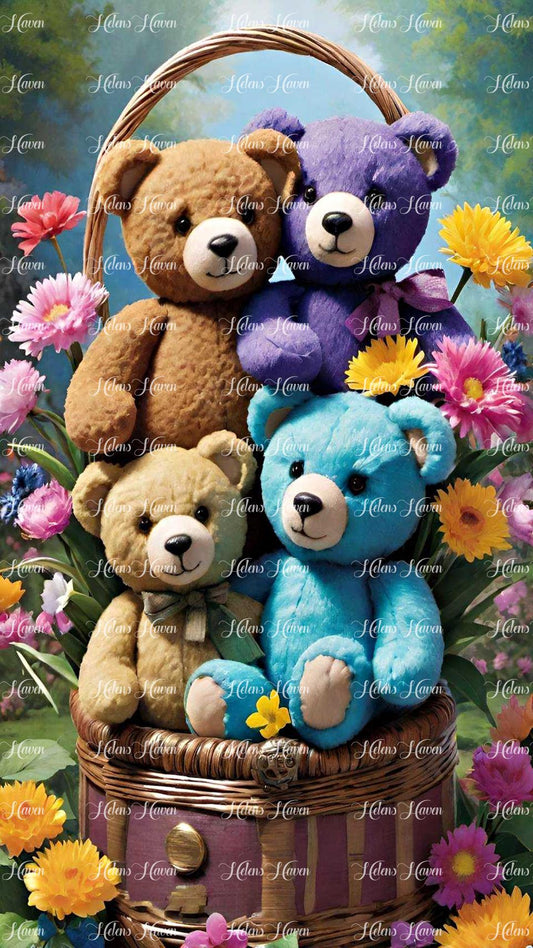 In this heartwarming scene, the basket holding colorful teddy toys embodies the innocence and joy of childhood, where imagination flourishes and every teddy becomes a cherished friend