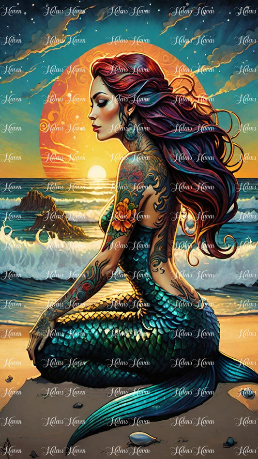 At sunset, a tattooed mermaid rests gracefully on a secluded beach, her shimmering scales catching the last rays of the sun.