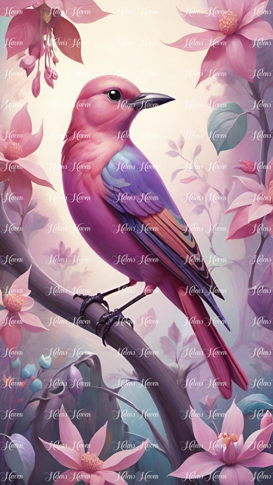 In an ethereal, enchanted forest, a pretty bird with pastel pink and purple plumage perches delicately on a moss-covered branch.